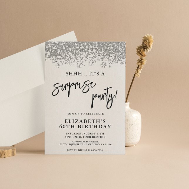 Surprise Birthday Party Any Age White and Silver Invitation (Creator Uploaded)