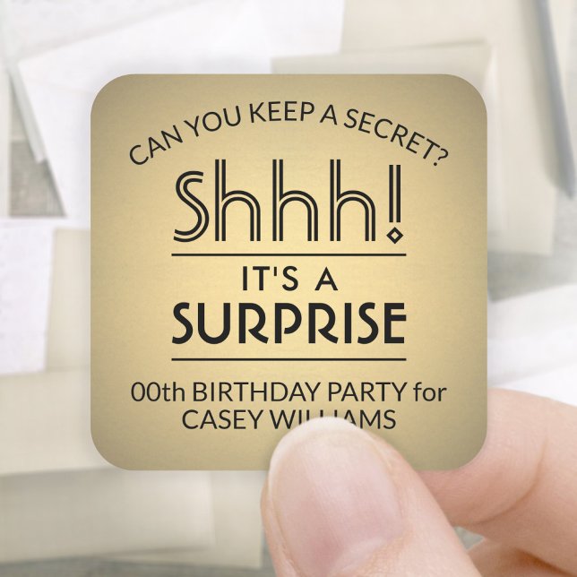 Surprise Birthday Party Black and Faux Gold Foil Square Sticker (Creator Uploaded)