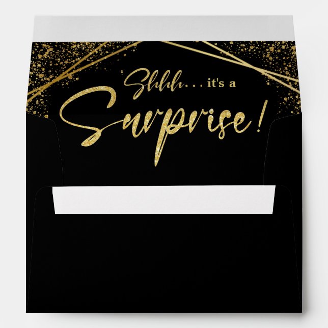 Surprise! Birthday Party Black and Gold Glitter Envelope (Back (Bottom))