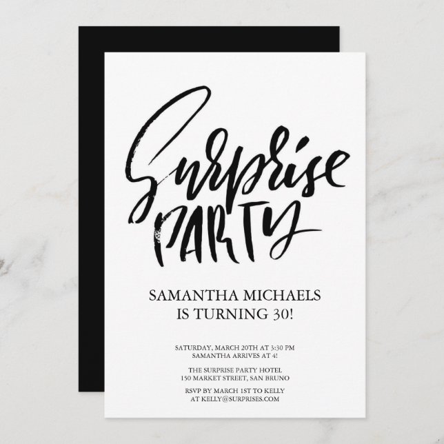 Surprise Birthday Party black and white Watercolor Invitation (Front/Back)