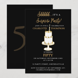 Surprise Birthday Party Black Gold Bday Cake Invitation