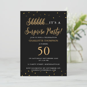 Surprise Birthday Party Black Gold Confetti Invitation