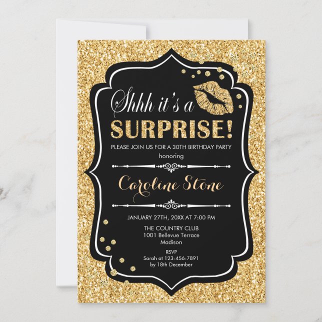 Surprise Birthday Party - Black Gold Invitation (Front)