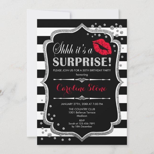 Surprise Birthday Party - Black Red Silver Invitation (Front)