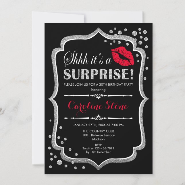 Surprise Birthday Party - Black Red Silver Invitation (Front)