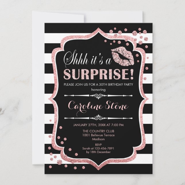 Surprise Birthday Party - Black Rose Gold Invitation (Front)