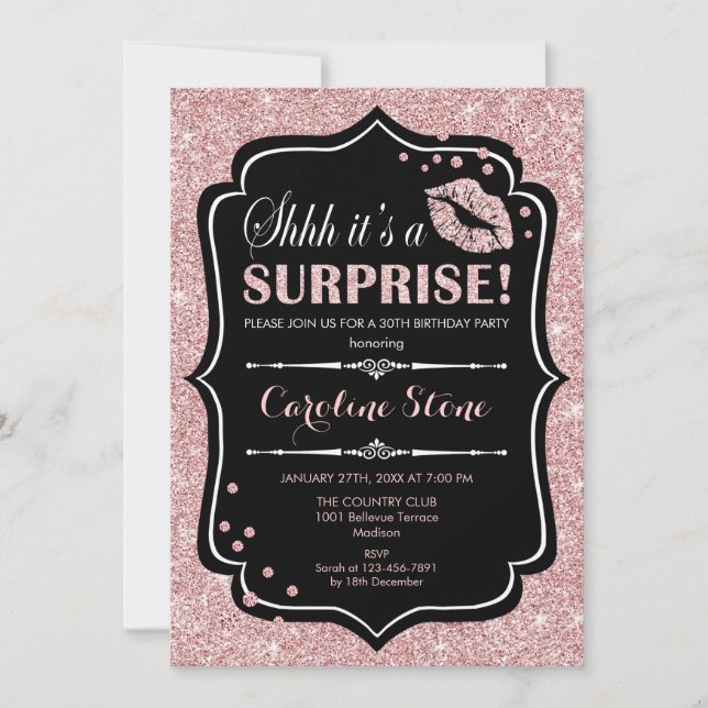 Surprise Birthday Party - Black Rose Gold Invitation (Front)