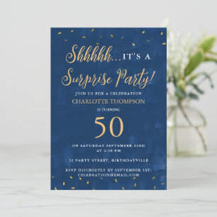 Surprise Birthday Party Blue Gold Confetti Invitation