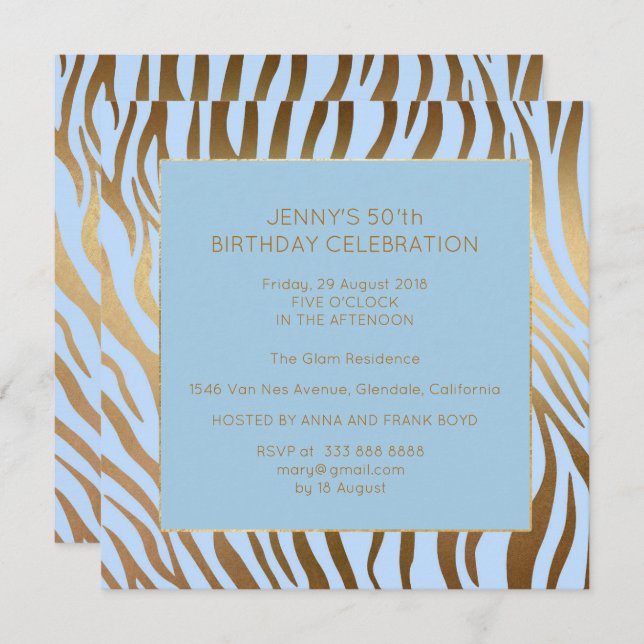 Surprise Birthday Party Blue Gold Zebra Invitation (Front/Back)