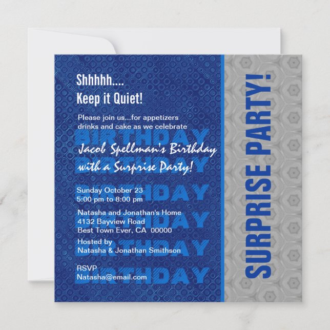 Surprise Birthday Party Blue Silver Invitation (Front)
