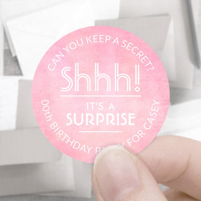 Surprise Birthday Party Blush Pink Watercolor Classic Round Sticker (Creator Uploaded)
