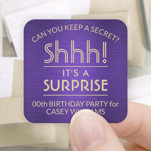 Surprise Birthday Party Brushed Purple and Gold Square Sticker (Creator Uploaded)