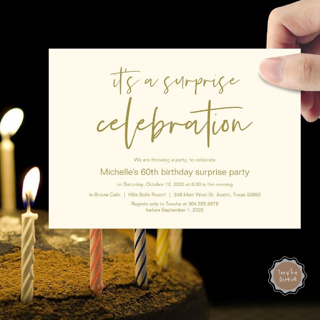 Surprise Birthday Party Celebration Invitation (Surprise Birthday Party Celebration Invitation Card, PDF, in Classy Gold)