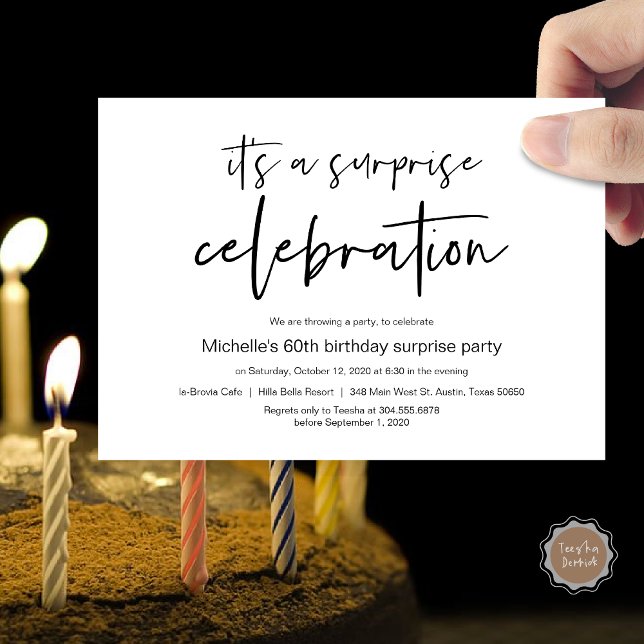 Surprise Birthday Party Celebration Invitation (It's a surprise celebration, Birthday invitation card, pdf, modern script, in black and white)