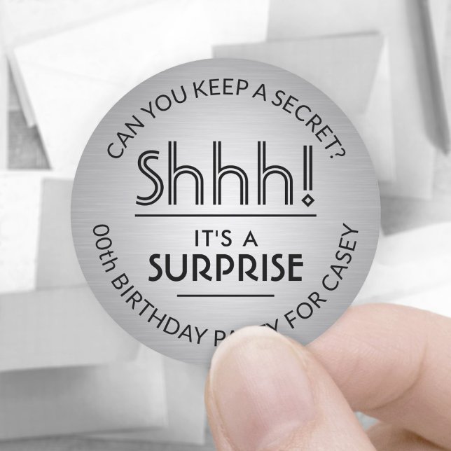 Surprise Birthday Party Elegant Black and Grey Classic Round Sticker (Creator Uploaded)