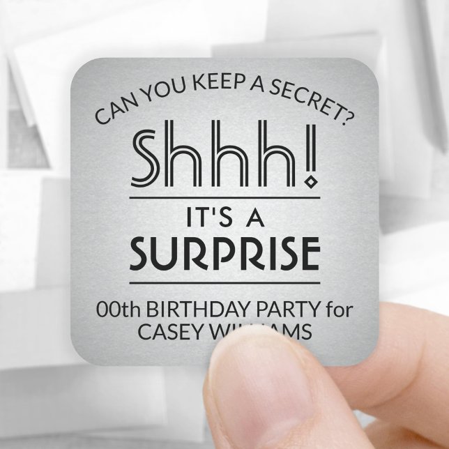 Surprise Birthday Party Elegant Black and Grey Square Sticker (Creator Uploaded)
