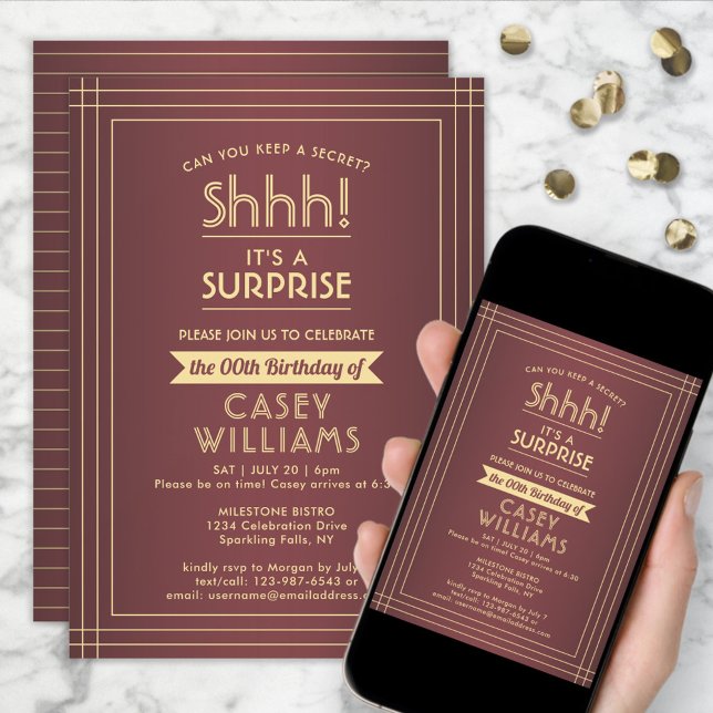 Surprise Birthday Party Elegant Burgundy and Gold Invitation (Creator Uploaded)