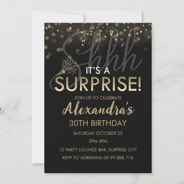 Surprise Birthday Party for Women, Men Black Gold Invitation (Front)