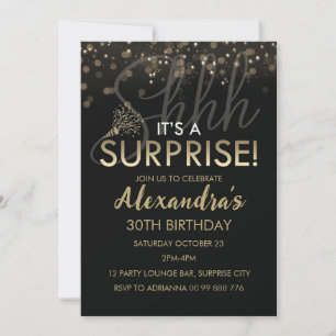 Surprise Birthday Party for Women, Men Black Gold Invitation