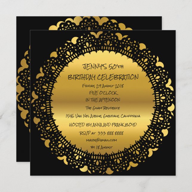Surprise Birthday Party Golden Black Lace Glam Invitation (Front/Back)