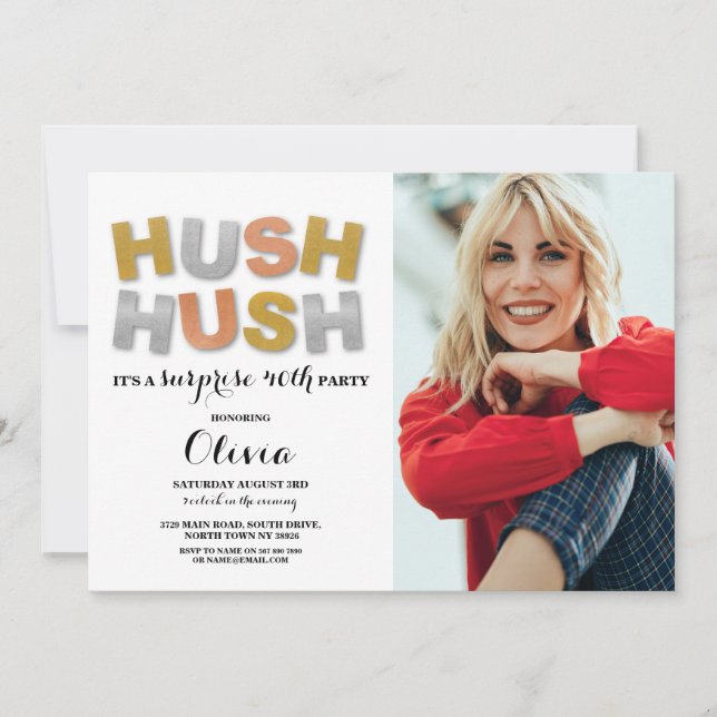Surprise Birthday Party Hush Hush Photo Metallic Invitation (Front)
