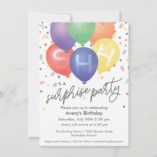 Surprise Birthday Party Invitation with balloons (Front)