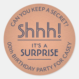 Surprise Birthday Party Navy Blue Copper Faux Foil Classic Round Sticker