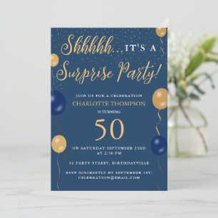 Surprise Birthday Party Navy Blue Gold Balloons Invitation