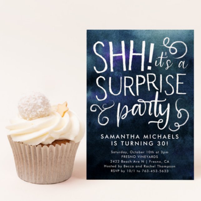 Surprise Birthday Party Navy Blue Watercolor Invitation (Creator Uploaded)