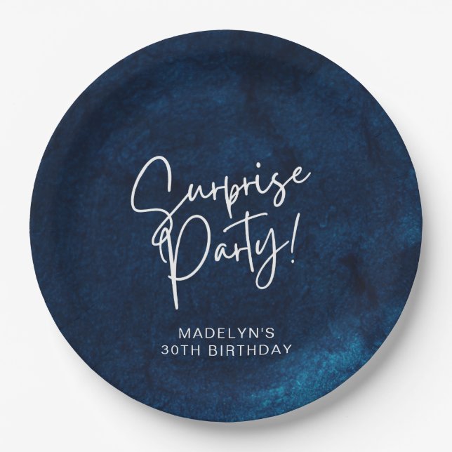 Surprise Birthday Party Navy Blue Watercolor  Paper Plate (Front)
