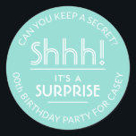 Surprise Birthday Party Pastel Teal Blue and White Classic Round Sticker<br><div class="desc">Add an elegant personalised touch to surprise birthday party invitations, decorations, and favours for her with stylish custom teal and white stickers / envelope seals. All text on these labels is simple to customise for any year birthday or for another occasion, such as a wedding anniversary, retirement, or going away...</div>