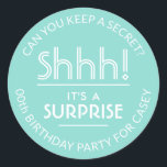 Surprise Birthday Party Pastel Teal Blue and White Classic Round Sticker<br><div class="desc">Add an elegant personalised touch to surprise birthday party invitations, decorations, and favours for her with stylish custom teal and white stickers / envelope seals. All text on these labels is simple to customise for any year birthday or for another occasion, such as a wedding anniversary, retirement, or going away...</div>