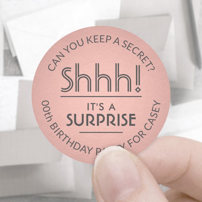 Surprise Birthday Party Pink Rose Gold and Grey Classic Round Sticker (Creator Uploaded)