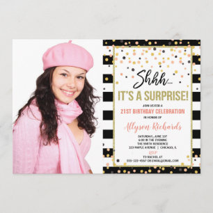 Surprise birthday party rose gold black photo invitation