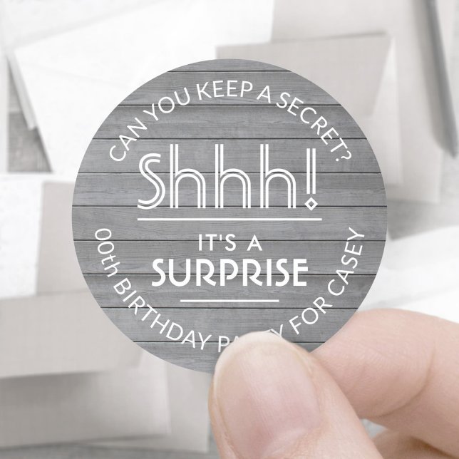 Surprise Birthday Party Rustic Wood Grey and White Classic Round Sticker (Creator Uploaded)