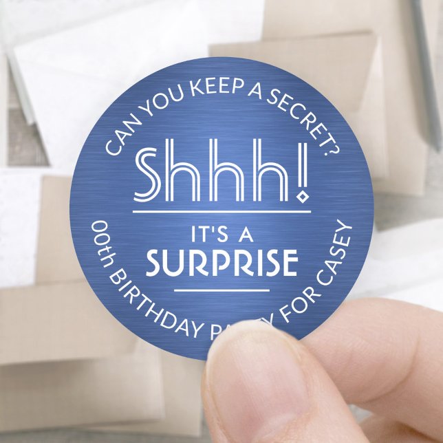 Surprise Birthday Party Shhh! Brushed Blue & White Classic Round Sticker (Creator Uploaded)