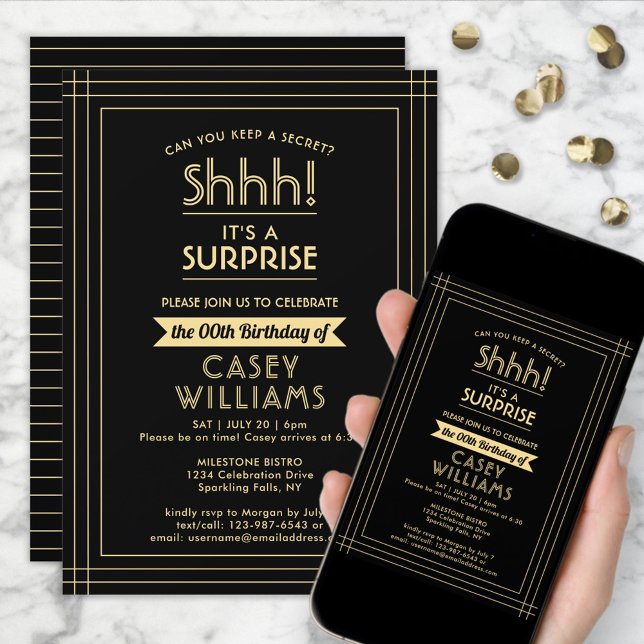 Surprise Birthday Party Shhh! Elegant Black & Gold Invitation (Creator Uploaded)