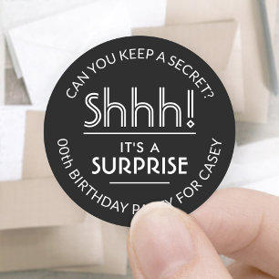 Surprise Birthday Party Shhh! Simple Black & White Classic Round Sticker