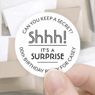 Surprise Birthday Party Shhh! Simple White & Black Classic Round Sticker