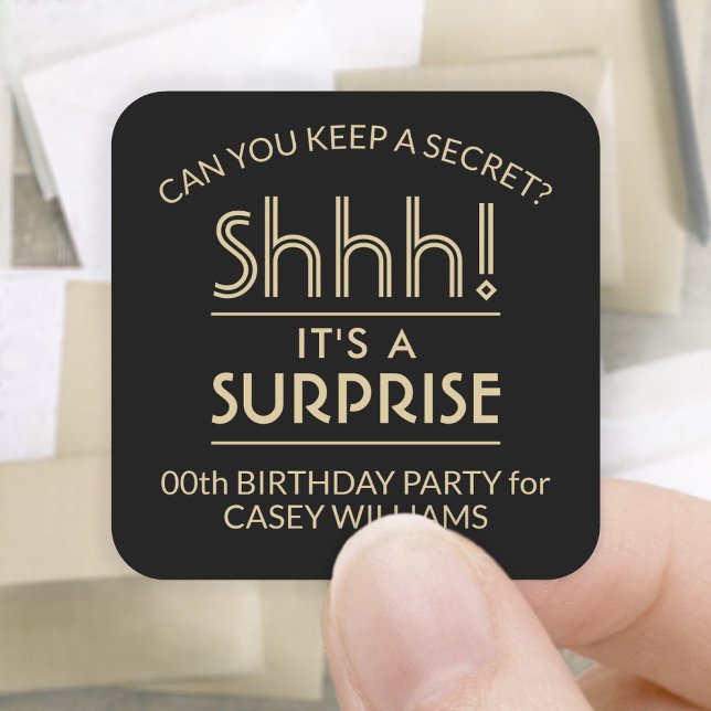 Surprise Birthday Party Shhh! Stylish Black & Gold Square Sticker (Creator Uploaded)