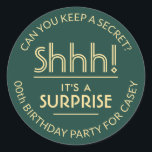 Surprise Birthday Party Shhh! Stylish Green & Gold Classic Round Sticker<br><div class="desc">Add an elegant personalised touch to surprise birthday party invitations, decorations, and favours with custom stylish green and gold stickers / envelope seals. All text on these labels is simple to customise for any year birthday or for another occasion, such as a wedding anniversary, retirement, or going away party. Personalise...</div>
