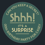 Surprise Birthday Party Shhh! Stylish Green & Gold Classic Round Sticker<br><div class="desc">Add an elegant personalised touch to surprise birthday party invitations, decorations, and favours with custom stylish green and gold stickers / envelope seals. All text on these labels is simple to customise for any year birthday or for another occasion, such as a wedding anniversary, retirement, or going away party. Personalise...</div>