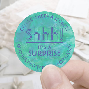 Surprise Birthday Party Shhh! Teal Blue Watercolor Classic Round Sticker