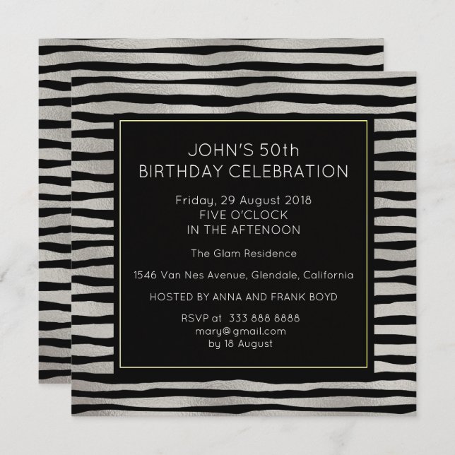 Surprise Birthday Party Silver Black Stripes Invitation (Front/Back)