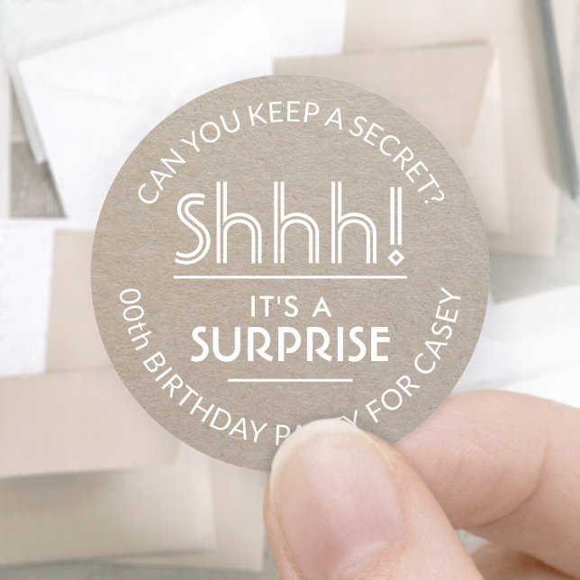 Surprise Birthday Party Simple Faux Kraft Paper Classic Round Sticker (Creator Uploaded)