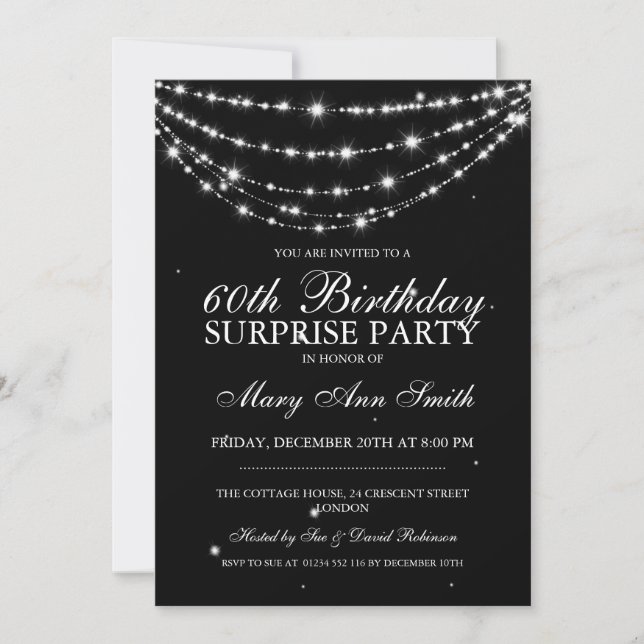 Surprise Birthday Party Sparkling Chain Black Invitation (Front)