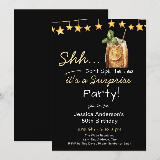 Surprise Birthday Party Spill the Tea Invitation (Front/Back)