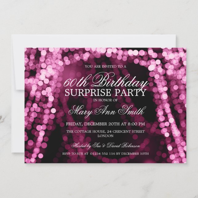 Surprise Birthday Party String Lights Pink Invitation (Front)