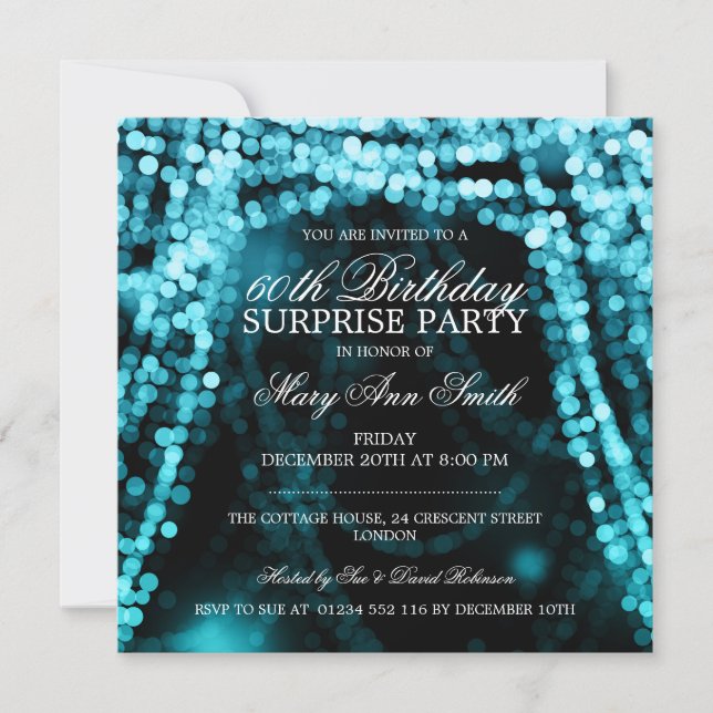 Surprise Birthday Party String Lights Turquoise Invitation (Front)