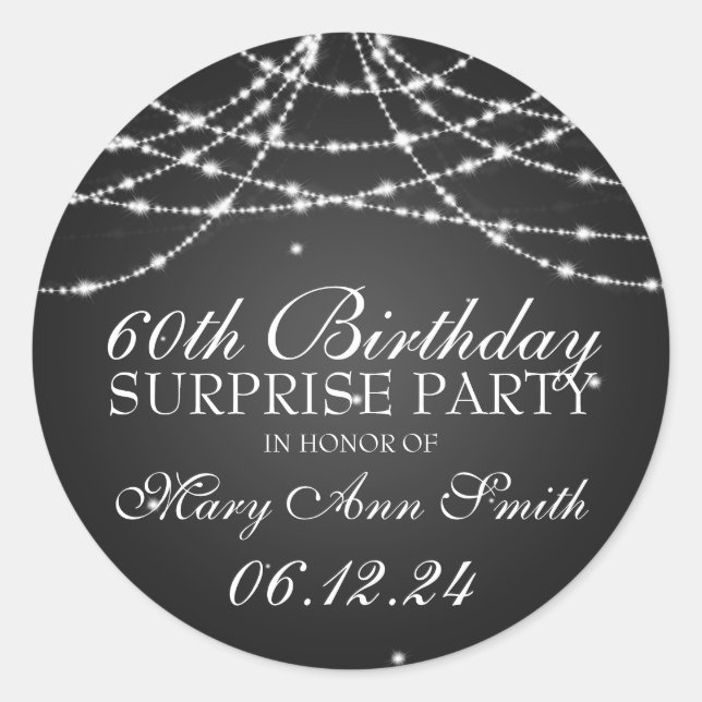 Surprise Birthday Party String of Stars Black Classic Round Sticker (Front)